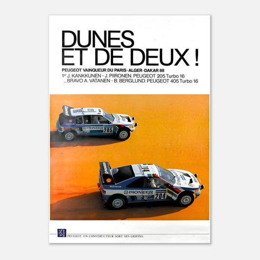 Retro Poster of Paris-Alger-Dakar - Peugeot 205 T16 &amp; 405 T16 - 1988